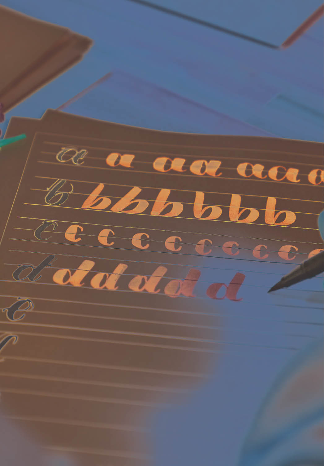 From above of unrecognizable artist learning art of lettering drawing on lined paper sheet with letter writing schemes placed on wooden table using blue felt pen