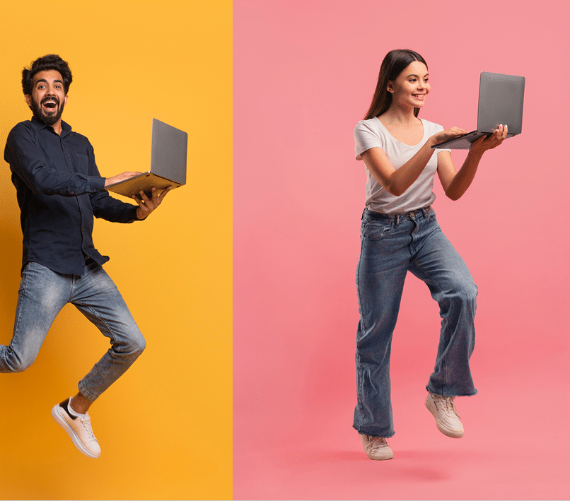 Diverse Happy People Jumping Up With Laptops In Hands, Cheerful Multiethnic Men And Women Holding Computers And Having Fun Against Colorful Studio Backgrounds, Collage