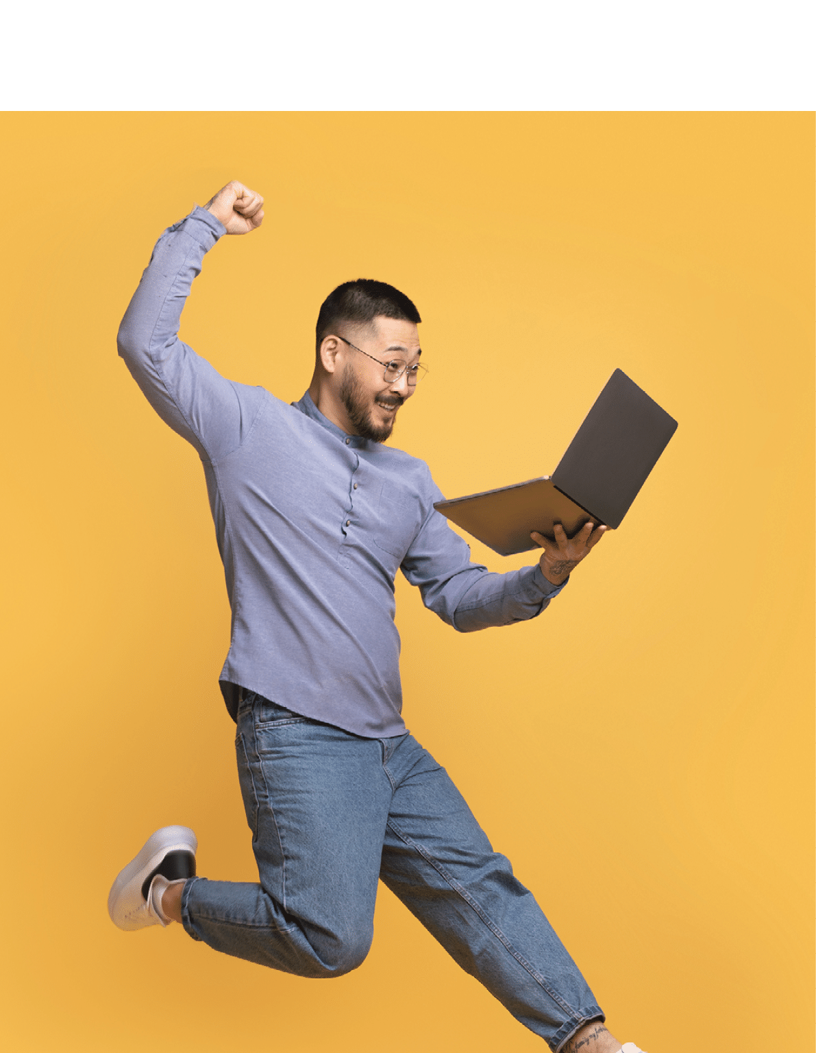 Diverse Happy People Jumping Up With Laptops In Hands, Cheerful Multiethnic Men And Women Holding Computers And Having Fun Against Colorful Studio Backgrounds, Collage